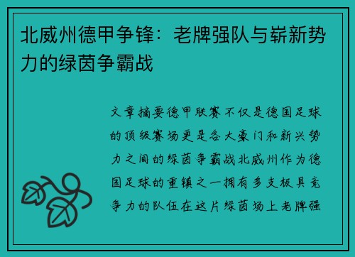 北威州德甲争锋：老牌强队与崭新势力的绿茵争霸战